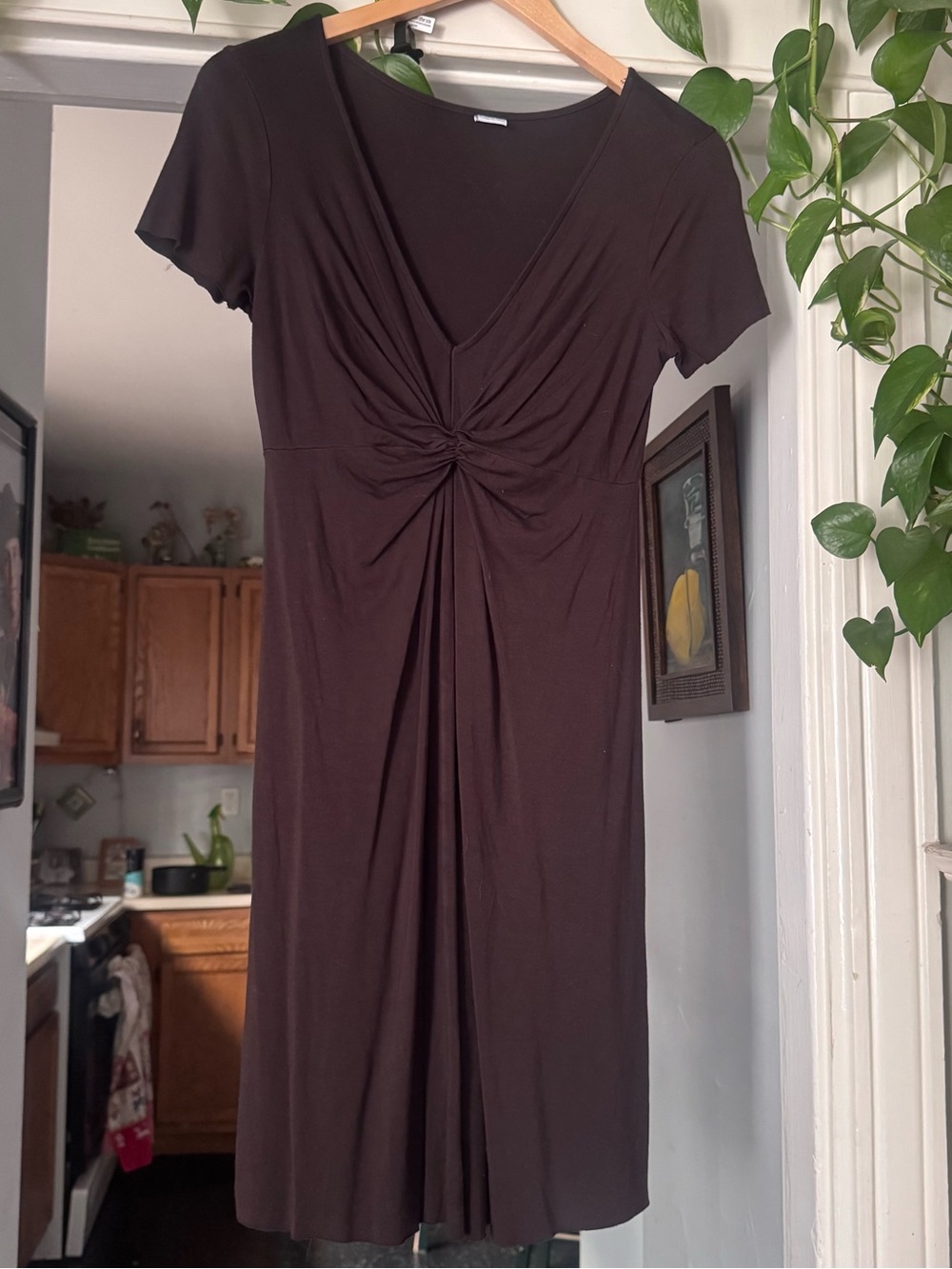 Three dots Women's Brown Twist-Front Short Sleeve Dress viscose spandex boho M